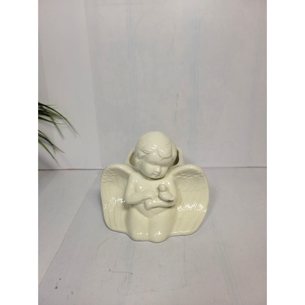 Vintage White Ceramic Angel Cherub Planter Figurine Winged Cupid with Bird